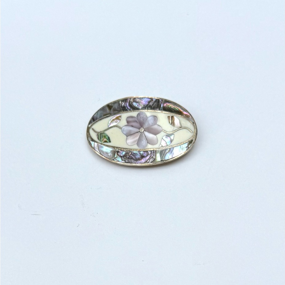 Vintage Alpaca Silver Brooch – Abalone Inlay Floral Mosaic Pin